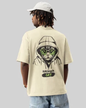 Hacker Cat Off White Oversized T-Shirt